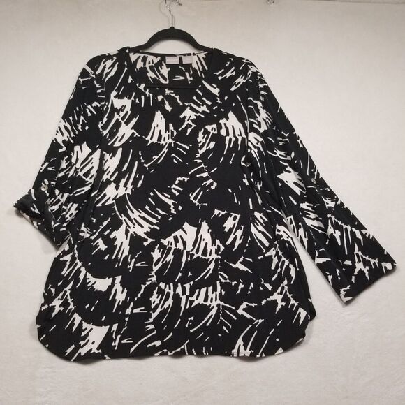CHICOS Travelers 2 (L) Top V Neck Roll Tab Sleeve Black/White Slinky Knit Cruise - Picture 1 of 9